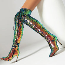Load image into Gallery viewer, Women&#39;s New Fashionable Nightclub Style Pointed High Heel Large Sequin Lace up Boots High Leg Over Knee Long Boots
