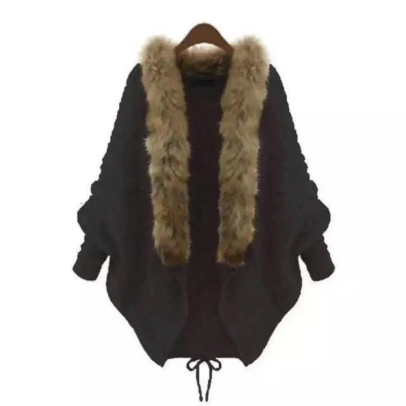 Women Cardigans Sweater Thick Poncho Capes 2025 Autumn Winter Femme Knitted Bat Sleeve Fur Collar Sweater Knitted Long Cardigan