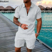 Load image into Gallery viewer, New 2024 Men&#39;s Polo Suit Fashion Men Sets Solid Summer V-neck Zipper Short Sleeve POLO Shirt+Shorts Two Pieces Men Casual Suit
