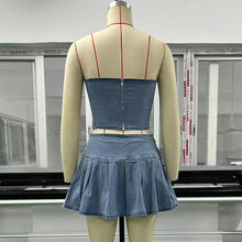 Load image into Gallery viewer, Sexy Summer Outfits Women 2024 Fashion Jean Dress with Skirt 2 Piece Sets Bustier Blue Denim Two Piece Outfit Split Skirt Set
