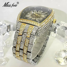 Load image into Gallery viewer, Luxury Gold Watches Men Brand MISSFOX Fashion Hip Hop lce Diamond Sun Pattern Literal Quartz Wristwatch Male Dropshipping Hot
