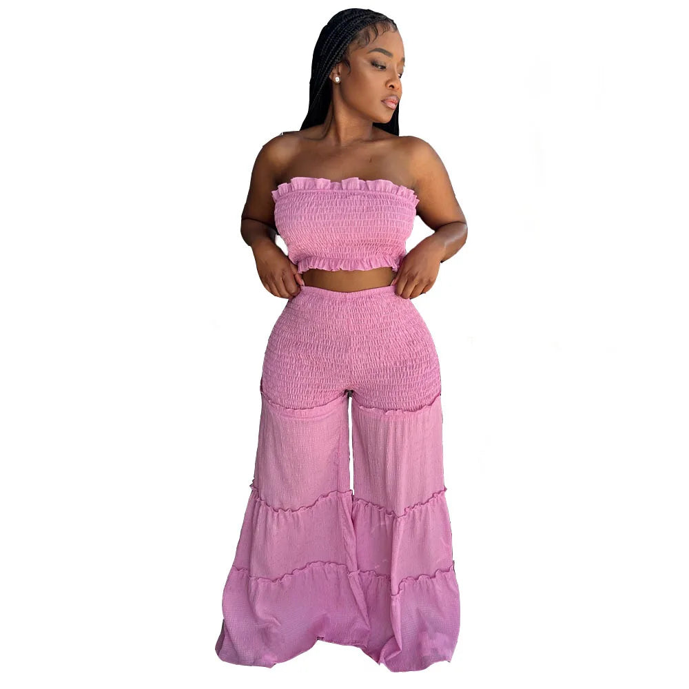 Women Summer Sexy Outfits 2pc Boho Pant Sets Ruffled Two Pieces Pants Set Ladies Strapless Crop Tube Top and Wide Leg Pants Suit