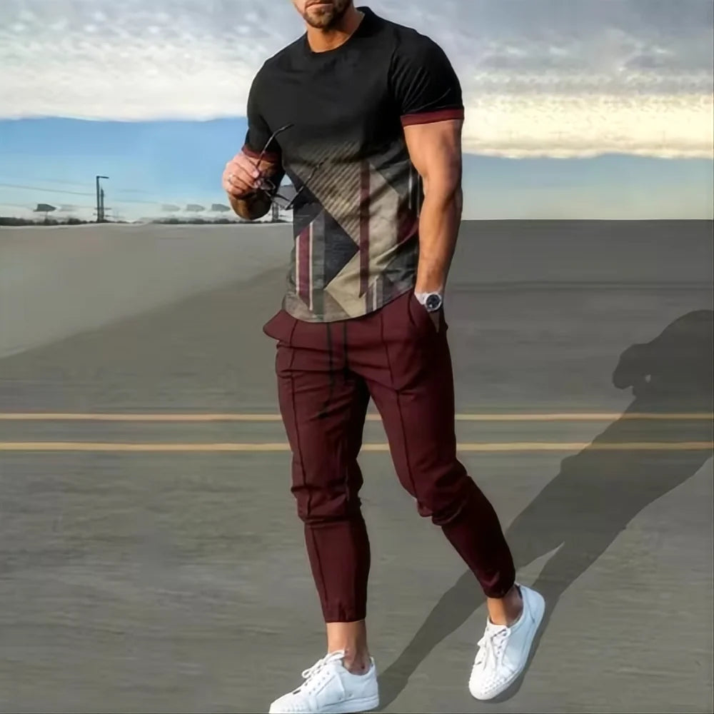Summer basketball sportswear set short sleeved T-shirt long pants two-piece set men's sportswear 3D printed casual oversized men