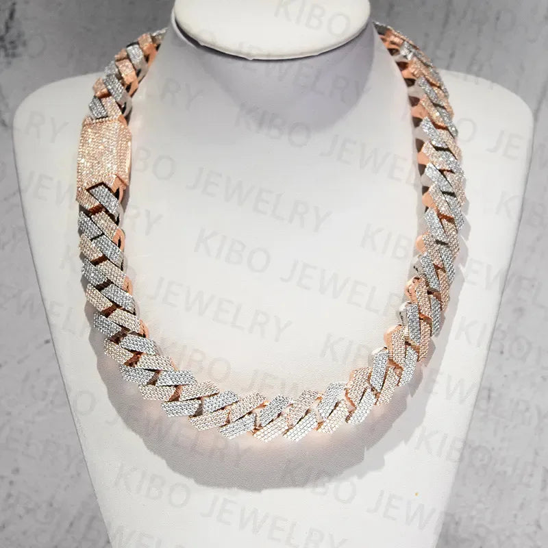Iced Out Two Tone VVS Moissanite Necklace 925 Sterling Silver And Rose Gold Plated Big Huge 18mm Moissanite Cuban Link Chain