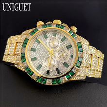Load image into Gallery viewer, Hot Fashion Green Watches Men Brand UNIGUET Luxury Stainless Steel Hip Hop Rainbow Diamond Quartz Wristwatch Male Dropshipping ﻿

