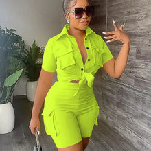 Load image into Gallery viewer, Streetwear Two Piece Set for Women Summer Outfits Pockets Short Sleeve Button-Up Shirt Top Short Sets Party Club Matching Sets
