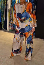 Load image into Gallery viewer, Casual Sets for Women 2 pieces Summer Fashion Printed Satin Two Piece Sets Women Sexy Round Neck Top+Wide Leg Long Pants Outfits
