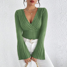 Load image into Gallery viewer, Women&#39;s Fall and Winter Long-sleeved Tops, V-neck Sexy Slim Striped Women&#39;s Tops, Long-sleeved T-shirt Knitted Bottoming Shirt
