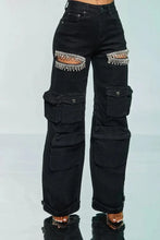 Load image into Gallery viewer, CM.YAYA Women Cutout Diamonds Crystal Hollow Out Straight Denim Pants 2024 Fall Multi Pocket High Waist Wide Leg Jeans Trousers
