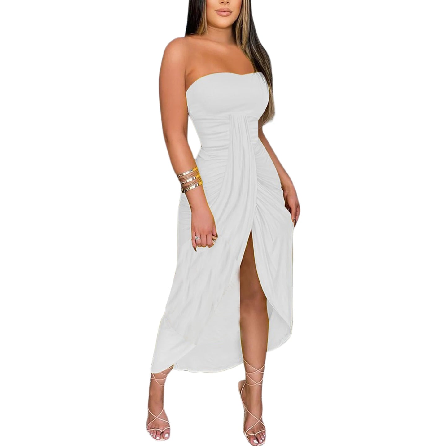 Elegant Strapless Maxi Dress Stylish Off-Shoulder Gown with Side Slit and Cropped Hem Women s Formal Evening Wear in 4 Colors