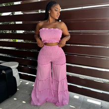 Load image into Gallery viewer, Women Summer Sexy Outfits 2pc Boho Pant Sets Ruffled Two Pieces Pants Set Ladies Strapless Crop Tube Top and Wide Leg Pants Suit
