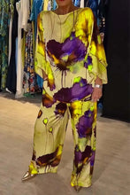 Load image into Gallery viewer, Casual Sets for Women 2 pieces Summer Fashion Printed Satin Two Piece Sets Women Sexy Round Neck Top+Wide Leg Long Pants Outfits
