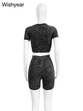 Load image into Gallery viewer, Summer Black Stretch Cotton Washed Printed Short Sleeve Crop Tops and Shorts Two 2 Piece Set Women Jogger Suit Fitness Tracksuit
