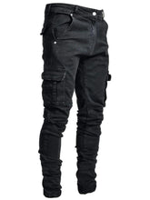 Load image into Gallery viewer, Jeans Men Pants Wash Solid Color Multi Pockets Denim Mid Waist Cargo Jeans Plus Size Fahsion Casual Trousers Male Daily Wear
