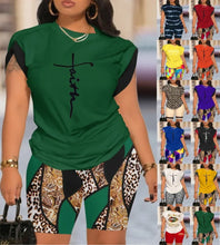 Load image into Gallery viewer, Two Piece Short Sets Print Letter Round  Neck T Shirts High Waist Pants Splice Tops Pullover Summer Ladies Beach Style
