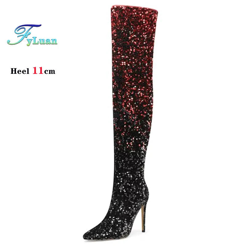 Shiny Gradient Sequins Over-the-Knee Long Boots Women Stiletto Thin High-Heeled Pointy Toe Thigh Boots Glitter Sequined Shoes