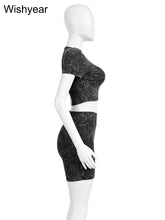 Load image into Gallery viewer, Summer Black Stretch Cotton Washed Printed Short Sleeve Crop Tops and Shorts Two 2 Piece Set Women Jogger Suit Fitness Tracksuit
