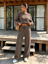 Load image into Gallery viewer, Women Fall Winter Brown White Striped Knit Crop Top &amp; Wide Leg Pants 2 Piece Casual Tracksuit Loungewear
