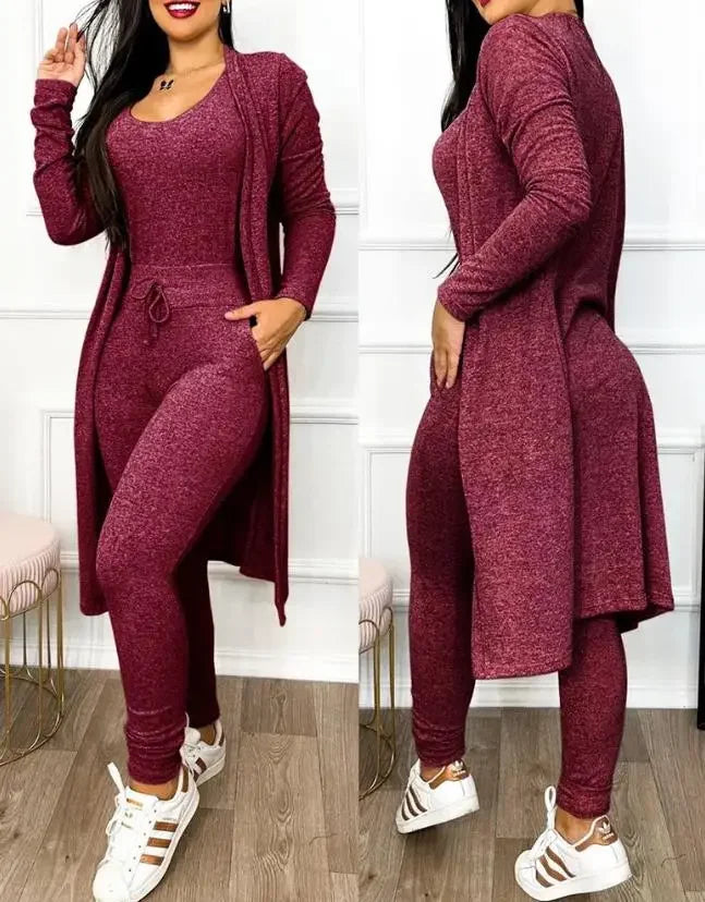 Two Piece Set Women Outfit 2024 Spring Fashion Drawstring Pocket Design U-Neck Sleeveless Skinny Jumpsuit & Long Sleeve Coat Set