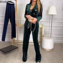 Load image into Gallery viewer, 2025 High-grade Velvet Suit Elegant Office Ladies 2pc Sets Double Breasted Blazer Straight Pant Fashionl Commuter Women Clothing

