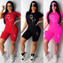 Load image into Gallery viewer, Summer Women&#39;s Rose Print Outfits Short Sleeve O-Neck T-Shirt + Shorts 2 Piece Set Female Slim Fit Casual Shorts Suit Sportswear
