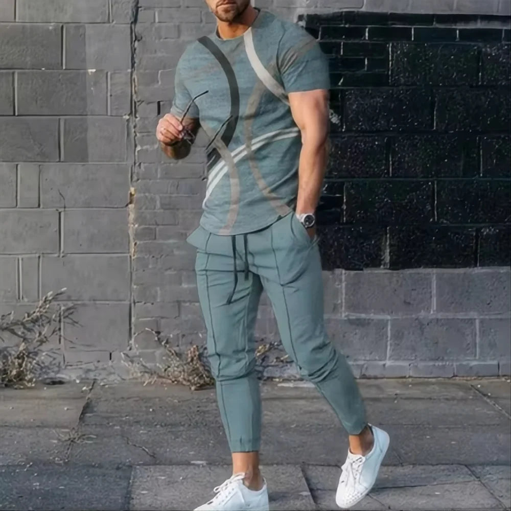 2024 Summer New Fashionable Men's Football Sportswear 3D Printed Short Sleeve T-shirt Long Pants Street Wear 2-piece Set