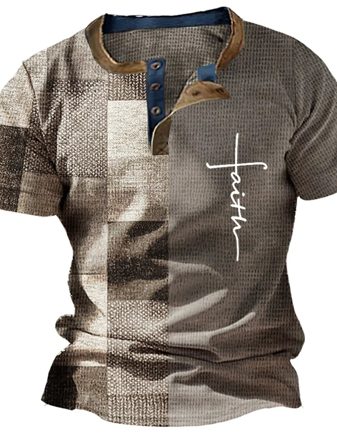Vintage Men's Summer T-Shirt 3D Plaid Printed Short Sleeve Pullover Street Men's Oversized Clothing Tops V Neck Button Up