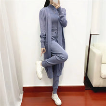 Load image into Gallery viewer, Fashion Women Sweater 3 Piece Set Tracksuit Spring Autumn Long Cardigan Coat + Half Turtleneck Vest + Pants Knitted Suits Outfit
