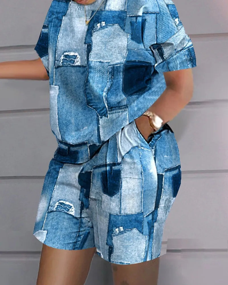 Summer Outfits For Women 2024 Casual Loose Print T Shirt Shorts Two Pieces Set Office Short Sleeve T Shirt And Pocket Short Sets