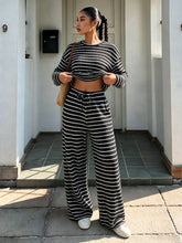 Load image into Gallery viewer, Women Fall Winter Brown White Striped Knit Crop Top &amp; Wide Leg Pants 2 Piece Casual Tracksuit Loungewear
