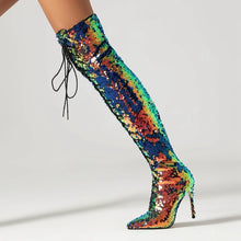 Load image into Gallery viewer, Women&#39;s New Fashionable Nightclub Style Pointed High Heel Large Sequin Lace up Boots High Leg Over Knee Long Boots
