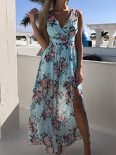 Load image into Gallery viewer, Summer Women Dress Floral Print Fashion Slim V-Neck Tie-Up Backless Chiffon Sexy Sleeveless Slit Maxi Cover-Ups Robe Beach Dress
