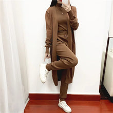 Load image into Gallery viewer, Fashion Women Sweater 3 Piece Set Tracksuit Spring Autumn Long Cardigan Coat + Half Turtleneck Vest + Pants Knitted Suits Outfit
