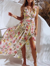 Load image into Gallery viewer, Summer Women Dress Floral Print Fashion Slim V-Neck Tie-Up Backless Chiffon Sexy Sleeveless Slit Maxi Cover-Ups Robe Beach Dress
