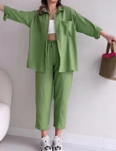 Load image into Gallery viewer, summer outfits for women 2025 New Loose Button Long Sleeve Shirt and Cropped Pants Casual Sports Summer women&#39;s suit Pants Set
