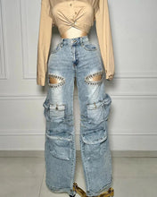 Load image into Gallery viewer, CM.YAYA Women Cutout Diamonds Crystal Hollow Out Straight Denim Pants 2024 Fall Multi Pocket High Waist Wide Leg Jeans Trousers
