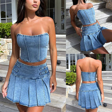 Load image into Gallery viewer, Sexy Summer Outfits Women 2024 Fashion Jean Dress with Skirt 2 Piece Sets Bustier Blue Denim Two Piece Outfit Split Skirt Set
