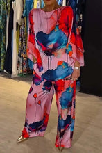 Load image into Gallery viewer, Casual Sets for Women 2 pieces Summer Fashion Printed Satin Two Piece Sets Women Sexy Round Neck Top+Wide Leg Long Pants Outfits
