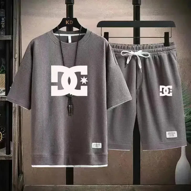 Men's summer suits, Korean-style clothing, two-piece suits, men's shirts, sportswear, jogging attire, checked-pattern T-shirts +