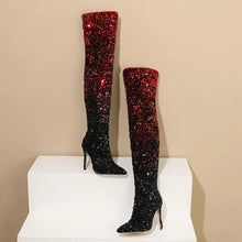 Load image into Gallery viewer, Shiny Gradient Sequins Over-the-Knee Long Boots Women Stiletto Thin High-Heeled Pointy Toe Thigh Boots Glitter Sequined Shoes
