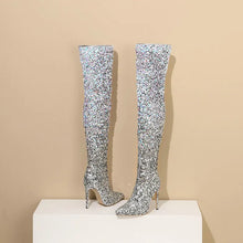 Load image into Gallery viewer, Shiny Gradient Sequins Over-the-Knee Long Boots Women Stiletto Thin High-Heeled Pointy Toe Thigh Boots Glitter Sequined Shoes
