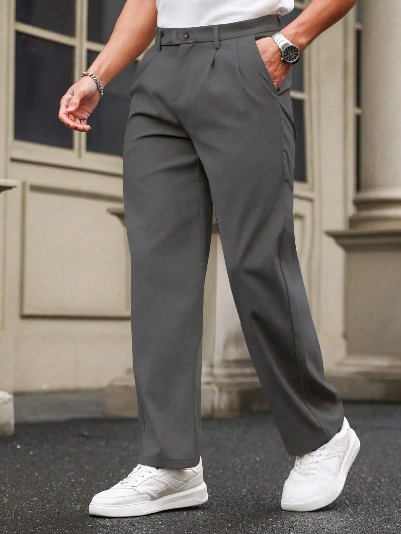 New Draped Straight Men Pants Fashion Business Loose CasualWide-leg Suit Pants，Pleated Trousers With Pockets For Boyfriend Husba