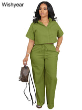 Load image into Gallery viewer, Casual Sports Linen Outfits Women's Short Sleeve Shirt and Wide Leg Pants Autumn 2 Piece Set Streetwear Office Fashion Tracksuit
