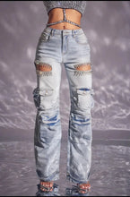 Load image into Gallery viewer, CM.YAYA Women Cutout Diamonds Crystal Hollow Out Straight Denim Pants 2024 Fall Multi Pocket High Waist Wide Leg Jeans Trousers
