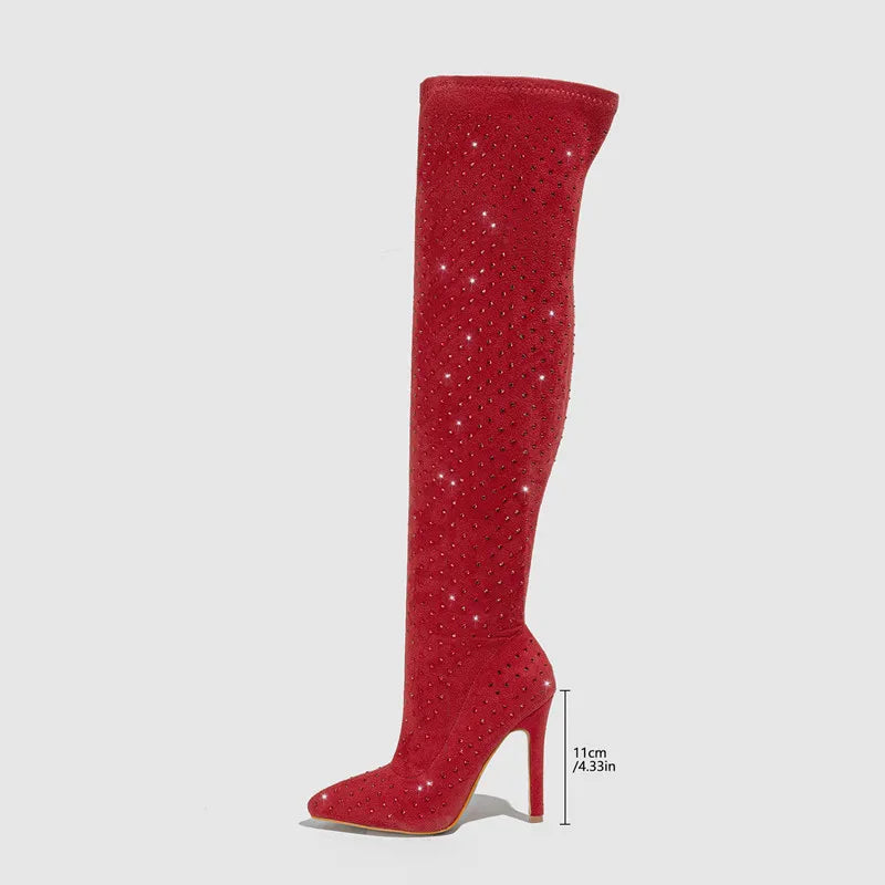 Bling Bling Rhinestones Faux Suede Elastic Women Thigh High Boots Fashion Autumn Winter High heels Over the Knee long Boots Shoe