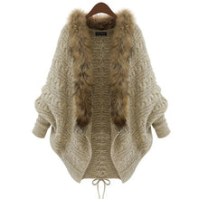 Load image into Gallery viewer, Women Cardigans Sweater Thick Poncho Capes 2025 Autumn Winter Femme Knitted Bat Sleeve Fur Collar Sweater Knitted Long Cardigan
