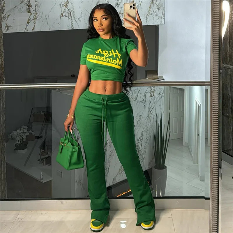 Fitness Jogging Suit Set Women Fall Casual Crop Top Folds Tees + Drawstring Wide-Leg Tracksuits Set Fitness Tracksuits Two Piece