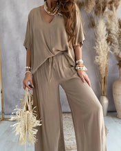Load image into Gallery viewer, Summer White Two Piece Set For Women V Neck Bat Sleeve Top Casual Loose Lace Up Wide-leg Pants 2 Piece Suit Home Outfits Women&#39;s
