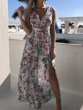 Load image into Gallery viewer, Summer Women Dress Floral Print Fashion Slim V-Neck Tie-Up Backless Chiffon Sexy Sleeveless Slit Maxi Cover-Ups Robe Beach Dress
