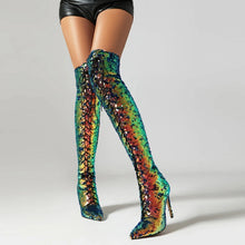 Load image into Gallery viewer, Women&#39;s New Fashionable Nightclub Style Pointed High Heel Large Sequin Lace up Boots High Leg Over Knee Long Boots
